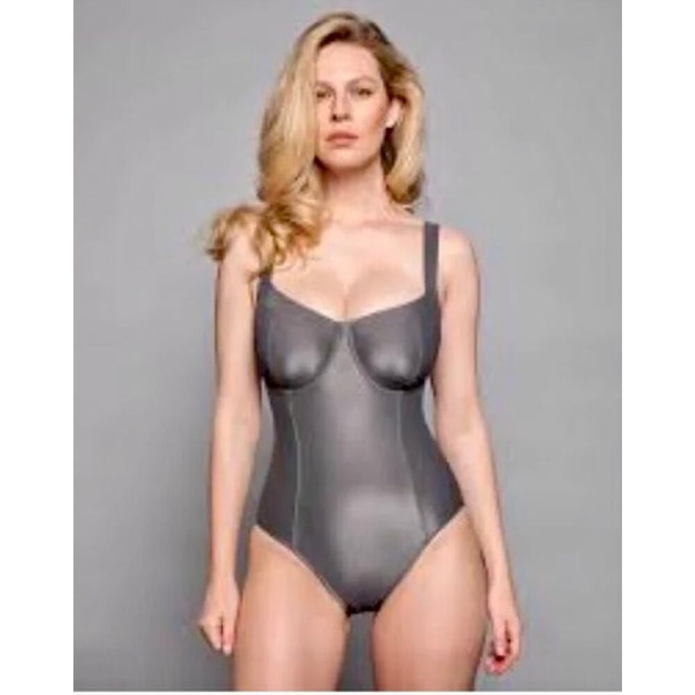 NEW TA3 Lifty Pewter Underwire Contour Corset One Piece Swimsuit Sz L Short D/DD